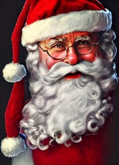 A jolly old man with a long white beard and red suit sits in a wooden chair holding a brightly wrapped present. His belly shakes as he laughs, and his twinkling blue eyes gaze at the camera with misch