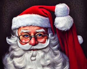 In this portrait, Santa Claus is looking directly at the camera with a twinkle in his eye. He has rosy cheeks and a white beard, and he is wearing a traditional red suit with white trim. A sack of toy