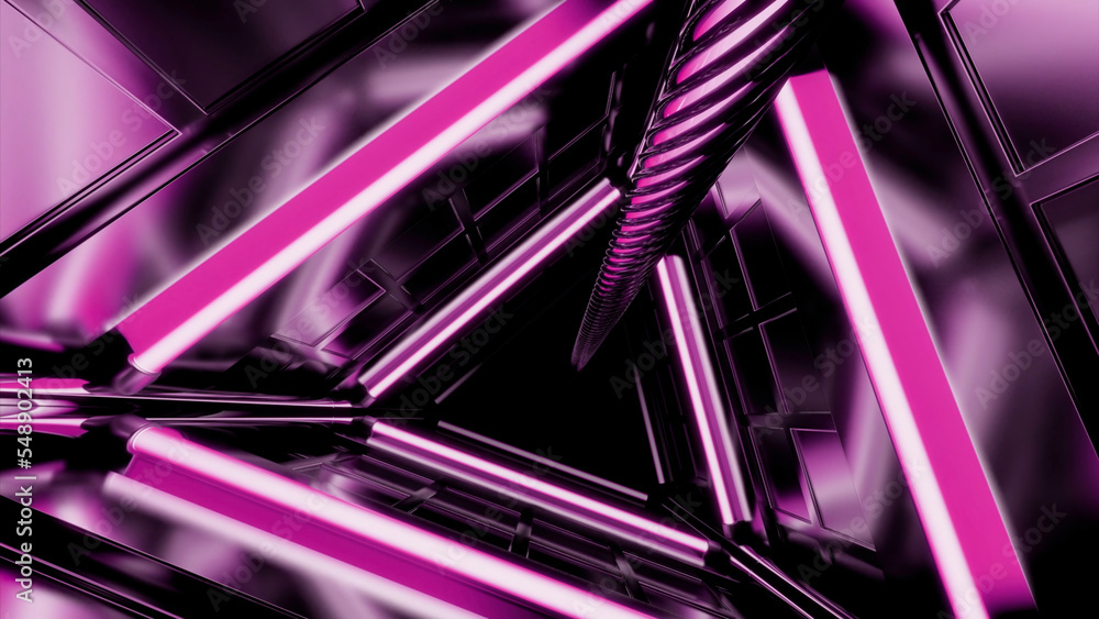Poster pink and green background. desine.a triangular-shaped tunnel that moves in the opposite direction an