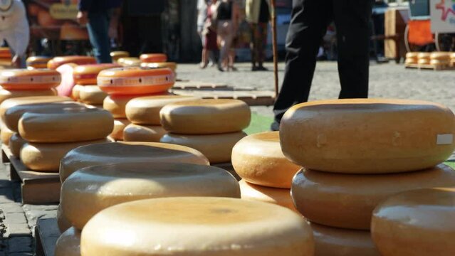 Wheels Of Gouda Cheese Seen On The Traditional Trading Cheese Market In Gouda, South Holland, Netherlands. Close up