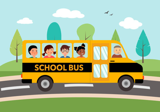 School bus with children students in flat design.