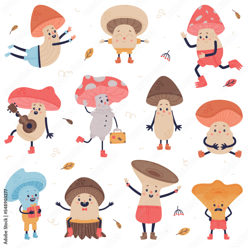 Poster funny mushroom characters with cap and stem having legs and arms vector set