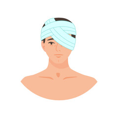 Man with bandaged eye cartoon illustration. Fracture treatment, bandaged eye. Healthcare, injury, medicine, trauma, accident concept