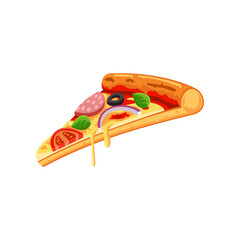 Realistic slice of pizza cartoon illustration. Delicious slice of pizza. Junk food, unhealthy diet concept