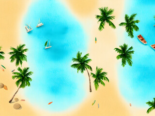 Illustration of beach in watercolor style with palm trees, sand and canoes aerial view
