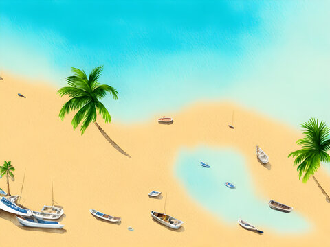 Illustration of beach in watercolor style with palm trees, sand and canoes aerial view	