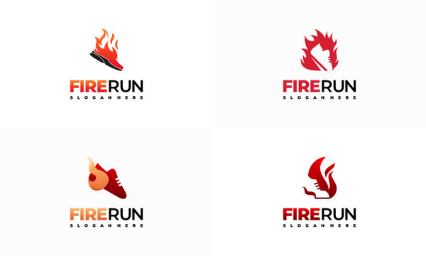 Set of Burning running shoe logo designs concept vector, Fire Run Logo designs template