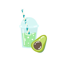 Plastic cup with avocado smoothie vector illustration. Natural flavor of juice or fruit drink, avocado isolated on white background. Summer, beverage concept