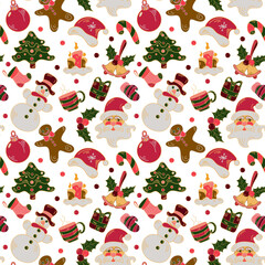 Christmas seamless pattern with firtree decorations on white background