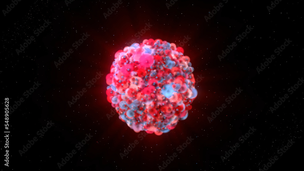 Aufkleber red dissolvable 3d ball. motion. a large ball that is animated on a black background with bright sma