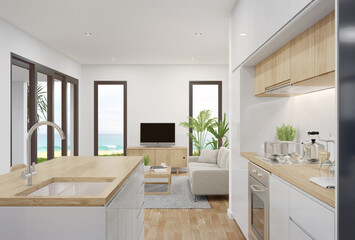 Counter on parquet floor near bright living room and kitchen in modern beach house or luxury villa. White home interior 3d rendering with sea view.