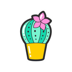 Trendy fashion patch or badge of cactus in pot illustration. Cute cactus sticker. Style, embroidery concept