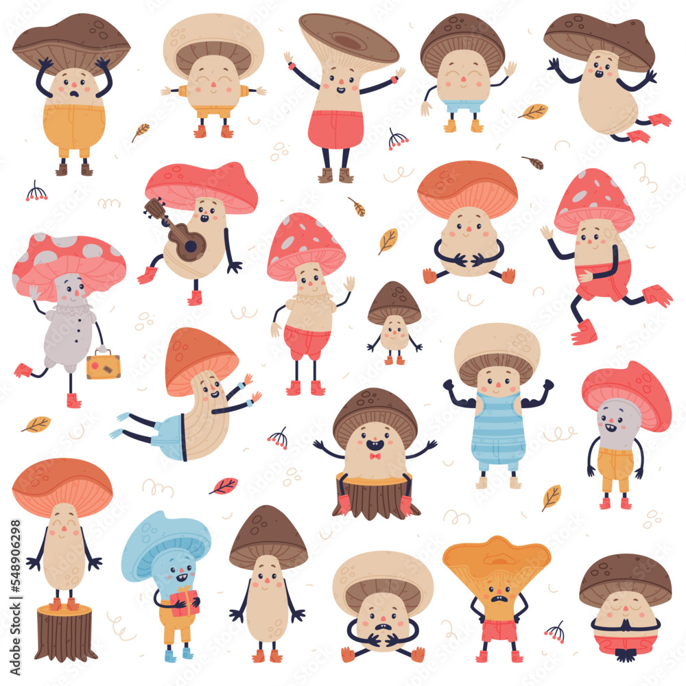 Poster funny mushroom characters with cap and stem having legs and arms vector set