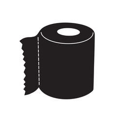 Toilet paper roll icon silhouette isolated on plain white background. Black icon sanitary equipment with flat cartoon simple art style drawing.