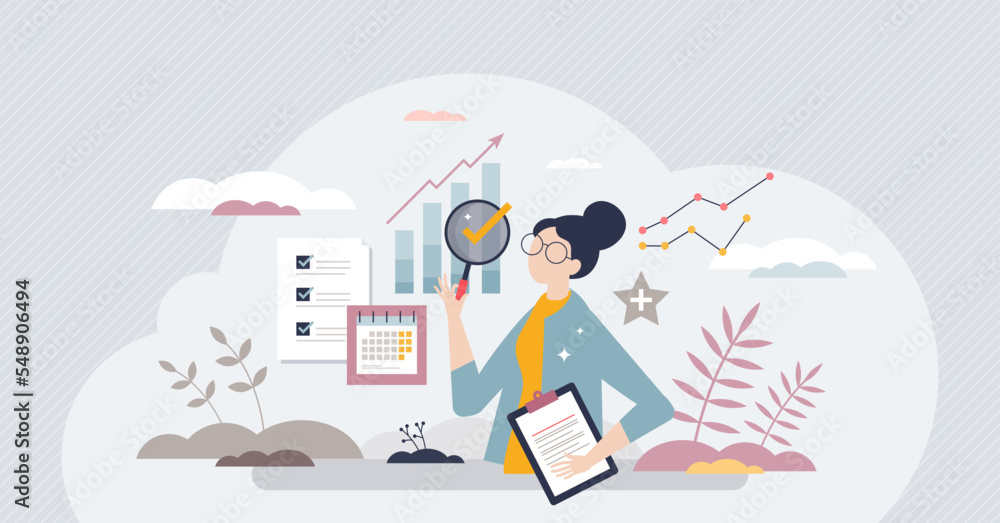 Poster performance reviews and annual business data evaluation tiny person concept. information about compa