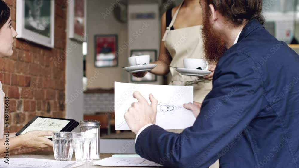 Poster tablet, architect and coffee shop with a business team working on planning or strategy together. des
