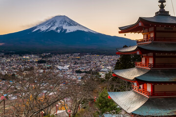 Fuji mountain and Chureito Pagoda at Sunset, Fujiyoshida, Yamanashi, Japan
