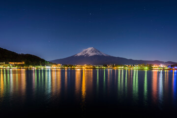 Fuji mountain and Fujikawaguchiko Town Illumination at Night, Lake Kawaguchiko, Yamanashi, Japan