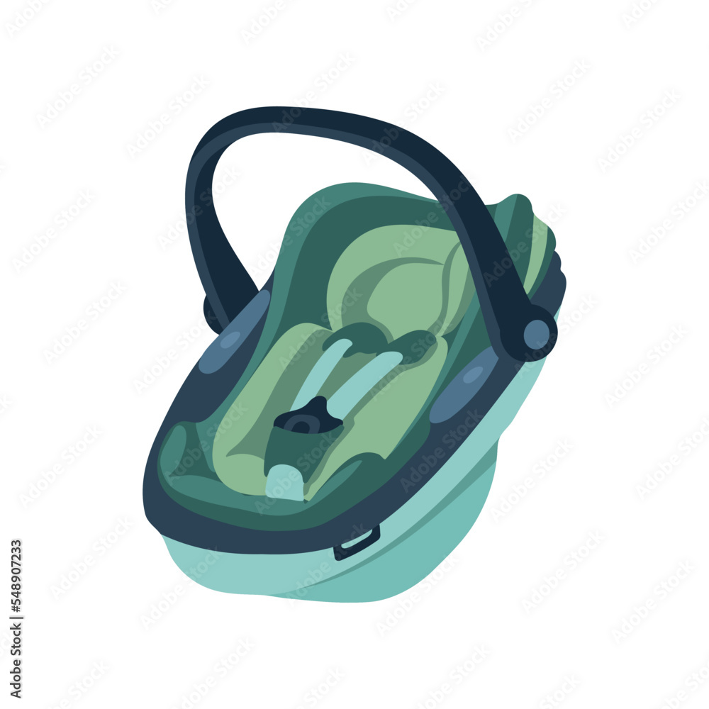 Sticker Dark green car seat for babies vector illustration. Infant car seat isolated on white background. Safety, transportation, baby care concept