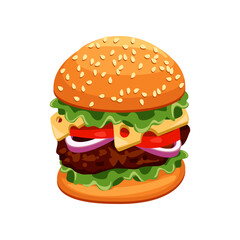 Realistic hamburger cartoon illustration. Delicious hamburger. Junk food, unhealthy diet concept