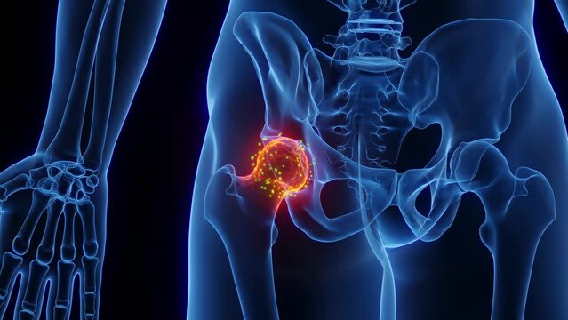 3D rendered Medical Animation of a inflamed hip undergoing repair.