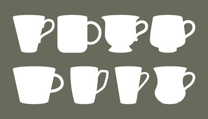 White silhouettes of cups and mugs vector illustrations set. Collection of shapes of tableware or dishware for tea isolated on grey background. Teatime, kitchenware concept