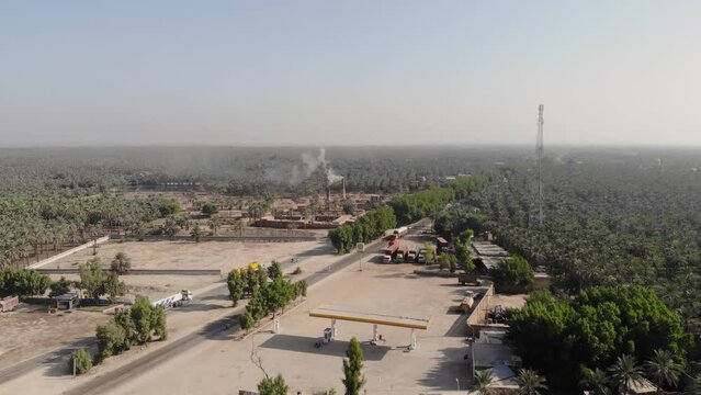 Aerial shot of Palm trees across highway at Khairpur Sindh with beautiful city in the background.	