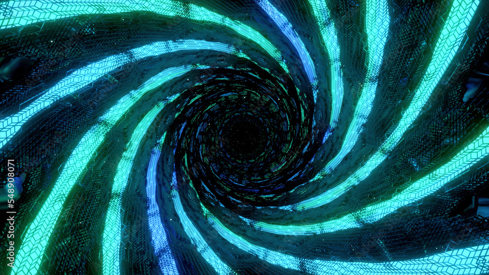 Poster a swirling blue and green tunnel. design.the light lines that make up the kaleidoscope pattern rotat