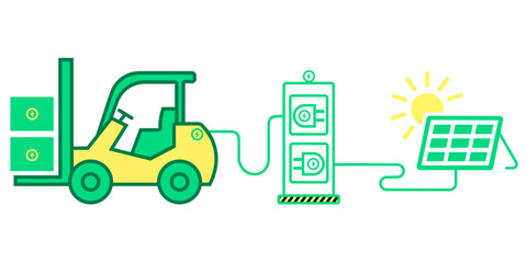 Electric forklift in a solar cell charging station.