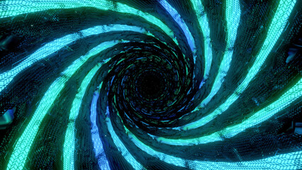 A swirling blue and green tunnel. Design.The light lines that make up the kaleidoscope pattern rotate at high speed in abstraction.