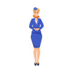 Stewardess standing with hands together cartoon illustration. Cartoon drawing of female flight attendant with hands clasped on white background. Occupation, service concept