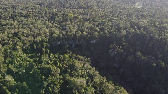 A dynamic aerial footage of Salto Arrechea Falls in the middle of Puerto Iguazu jungle in Sendero Macuco, Misiones, Argentina. It is accessed after entering the Macuco Trail and after traveling 3.5 km