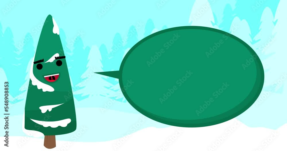 Poster pine tree with smiling face and speech bubble in a winter forest. holiday message animation.