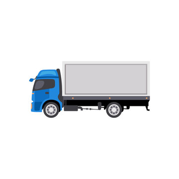 Blue truck for express delivery flat vector illustration. Cartoon drawing of cargo tools isolated on white background. Shipment, delivery service concept