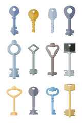 Keys of different colors and shapes vector illustration set. Twelve different types keys isolated on white background. Access concept.