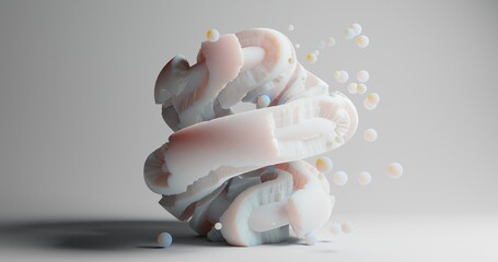 abstract background using the shape of a soft white shell and small balls scattered around it, 3d rendering and size 4K