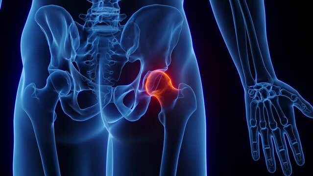 3D rendered Medical Animation of inflammation at a man's right hip joint