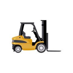 Modern forklift flat vector illustration. Cartoon drawing of cargo tools isolated on white background. Shipment, delivery service concept