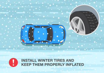 Safe car driving rules and tips. Winter season driving. Install winter tires and keep them properly inflated. Top view of sedan car on snow road. Flat vector illustration template.
