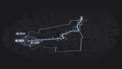 Pick up taxi. Gps map navigation to own house. Detailed view of city. Passenger location sharing for driver. City top view. Online navigation. Flat style, Vector, illustration isolated. © Vadym