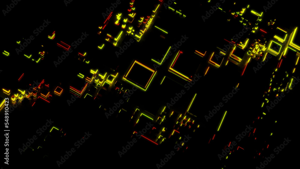Poster dark background with backlight. design.yellow and blue outline with illuminated squares of different