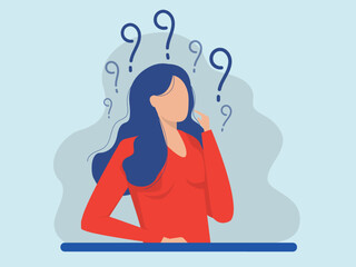 Woman Thinking with question mark,  doubts, problems, thoughts, emotions. Curious woman questioning,Flat cartoon vector illustration.
