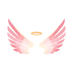 Cute pink wings and gold nimbus flat vector illustration. Cartoon drawing of pair of angel wings and halo isolated on white background. Love, heaven, religion, freedom concept