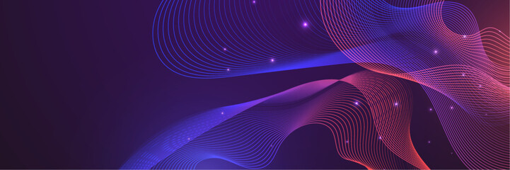 Vector wave lines flowing dynamic colorful blue pink isolated on dark blue background for concept of AI technology, digital, communication, science, music
