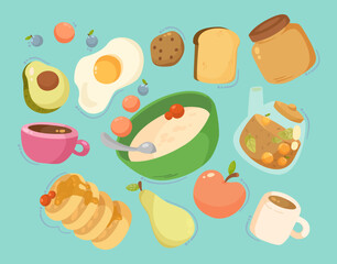 Breakfast options vector illustration set. Scrambled eggs, porridge, toast, tea, coffee, pancakes, fruit isolated on blue background. Breakfast concept.