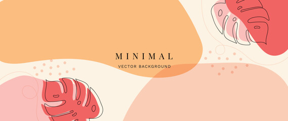 Minimal abstract background vector illustration. Soft earth tone pastel color organic shape, curve lines, monstera leaves line art. Design for wall art, print, poster, home decor, cover, wallpaper.