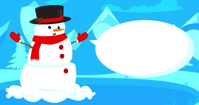 Snowman with hat and scarf sliding on ice with speech bubble.