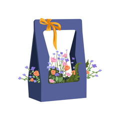 Bouquet in gift basket cartoon illustration. Gorgeous little flowers in beautiful purple package. Flower delivery, transportation, service concept