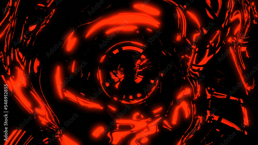 Poster tunnel with liquid walls and reflection. design. liquid mirror 3d tunnel with neon lines. luminous r