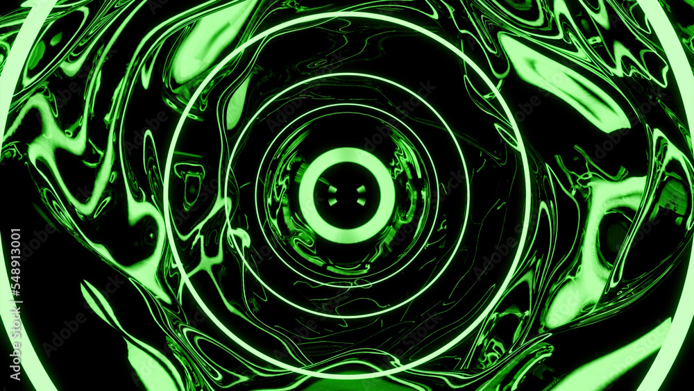 Poster green and pink background. design.glowing hoops standing in a row create a corridor and bright volum